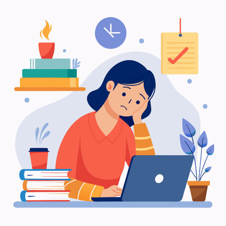 Exhausted Young Female Employee Slumbers at Workplace Deskのイラスト素材