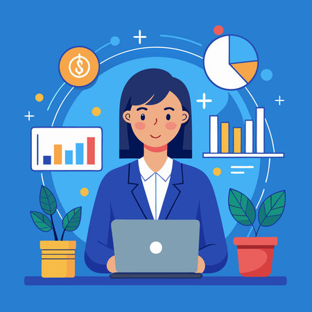 Young Businesswoman Working with Laptop on Tableのイラスト素材