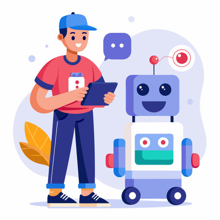 Futuristic Delivery Robot Concept with Man Near Mobile Robot Holding Boxのイラスト素材