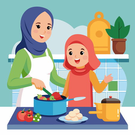 Young Muslim Woman Cooking in Kitchen with Hijab: A Slice of Everyday Lifeのイラスト素材