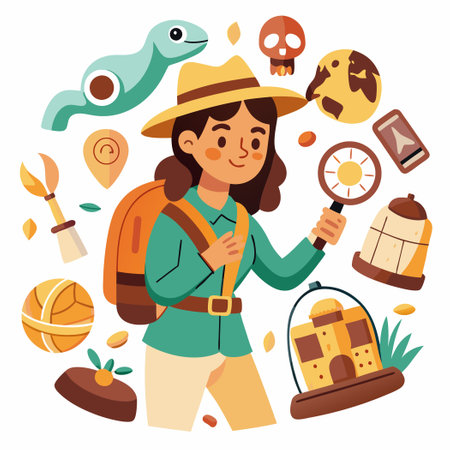 Female Archaeologist with Assorted Archaeological Artifacts Stickers on Her Bodyのイラスト素材