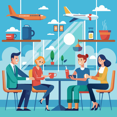 Cafe in Airport: Men and Women Socialize at Tables Amidst Travel Ambianceのイラスト素材