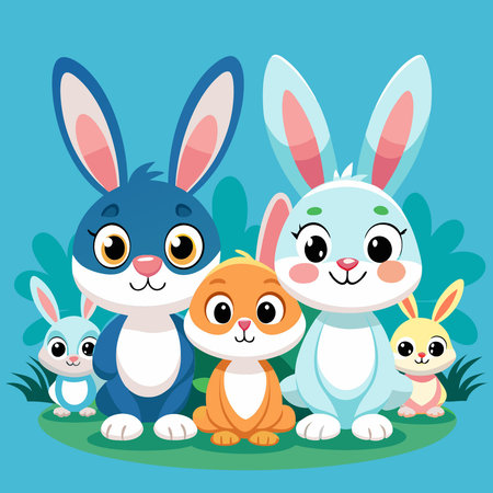 Adorable Cartoon Rabbits Hopping and Playing in a Fieldのイラスト素材