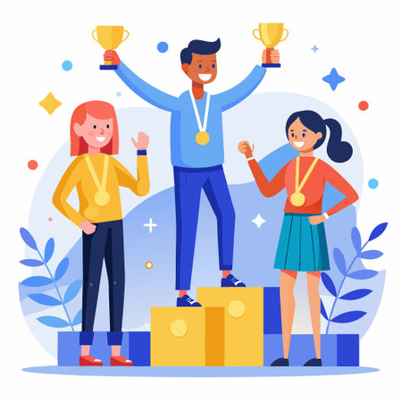 Champions Standing on Pedestal with Man Holding Cup and Women Holding Number Fiveのイラスト素材