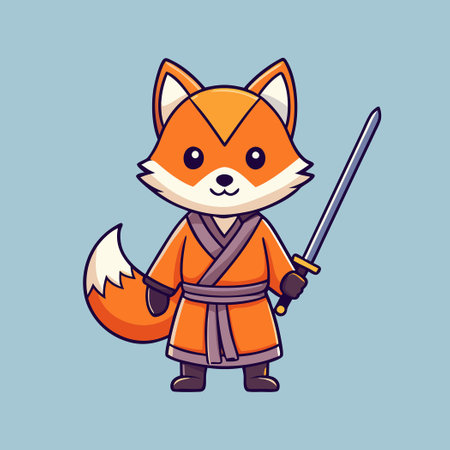Cute Cartoon Fox Kitsune Warrior Wielding a Katana in an Adorable Shopping Cartのイラスト素材