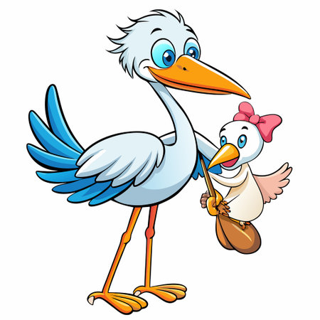Adorable Cartoon Illustration of a Stork Delivering a Baby with a Cute and Playful Expressionのイラスト素材