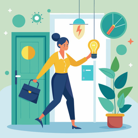 Woman Leaving Office at Night to Conserve Energyのイラスト素材
