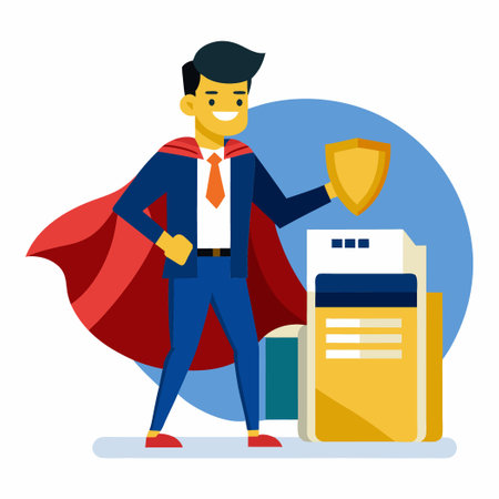 Man Managing Document Archiving System in Hero Shot Poseのイラスト素材