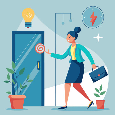 Woman Embraces Energy Conservation by Leaving Office Lights Off and Unpluggedのイラスト素材