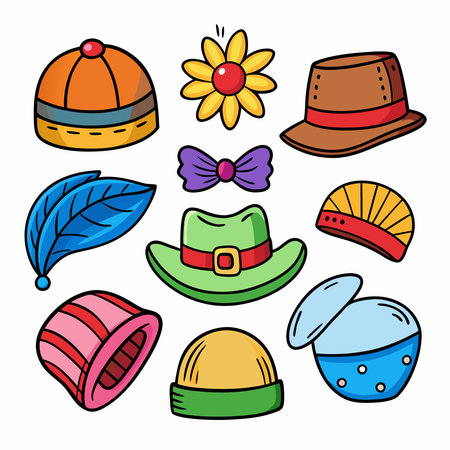 Vibrant Doodle Hats and Caps Icon Stickers for Creative Expressionのイラスト素材