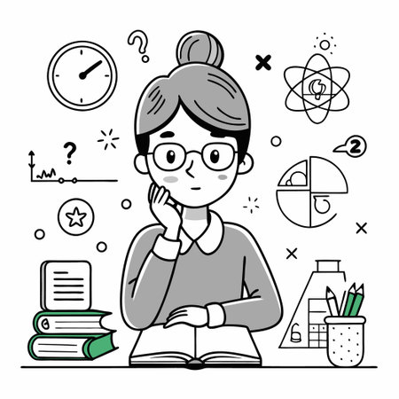 Pensive Young Girl Contemplating Educational Journey with Booksのイラスト素材