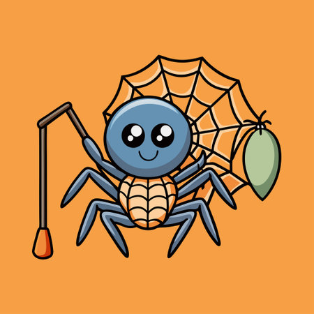 Cute Cartoon Spider with Intricate Web Illustrationのイラスト素材