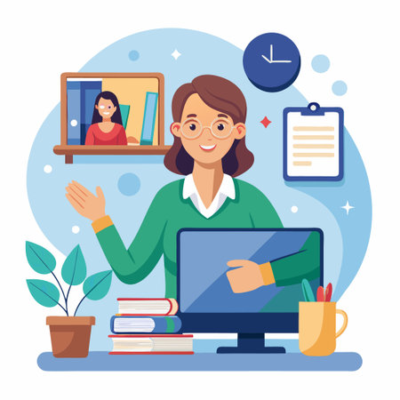 Female Teacher Conducts Online Lesson in Home Office with Headset and Laptopのイラスト素材