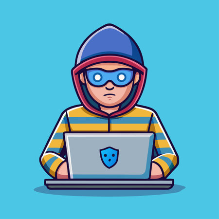 Hacker Operating a Laptop: Cartoon Illustration of Cybercrime Activityのイラスト素材