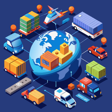 Global Logistics Video Concept Banner with Diverse Cargo Shipping and Distribution Elementsのイラスト素材