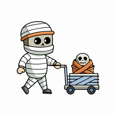 Adorable Mummy Carrying Skull Bones in a Trolley, Cartoon Styleのイラスト素材