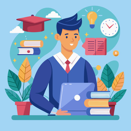 Digital Man Learning Through Educational Webinar on Laptopのイラスト素材