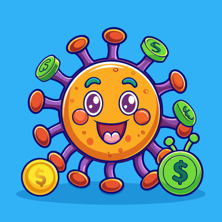 Cute Virus Mascot Stealing a Giant Coin Representing Health and Wealth Imbalanceのイラスト素材
