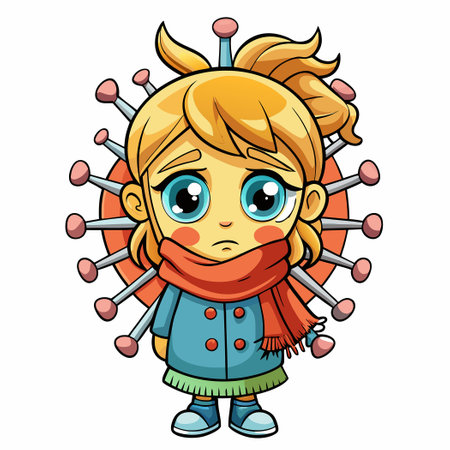 Sick Girl Experiencing Fever and Flu Symptoms from COVID-19 Infectionのイラスト素材