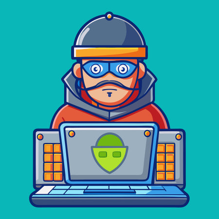 Hacker Operating a Laptop: Emblem of Cyber Crime and Digital Security Breachのイラスト素材