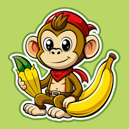 Monkey with Banana, Vector Sticker Illustration for Fun and Playful Designsのイラスト素材