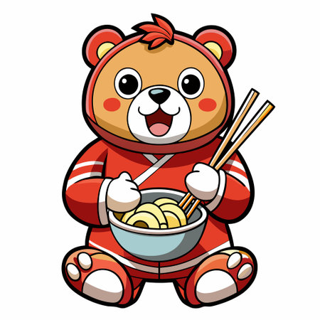 Adorable Bear Enjoying Ramen Noodles with Chopsticks in Cartoon Styleのイラスト素材