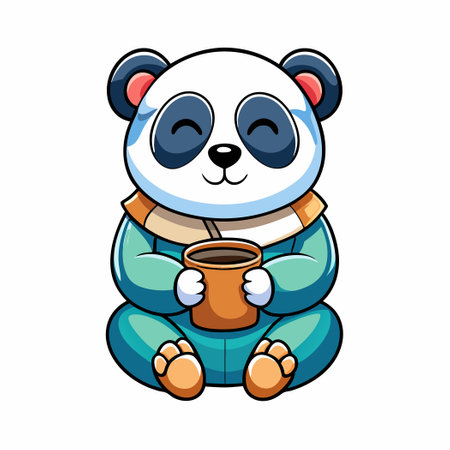 Adorable Sleepy Panda Holding a Cup of Coffee, Vector Illustration in Cartoon Styleのイラスト素材