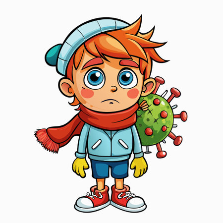 Sick Child with Fever, Flu, and Coronavirus Symptoms in Medical Icon Illustrationのイラスト素材