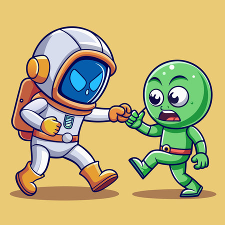 Adorable Astronaut Battling with Extraterrestrial Opponent in Whimsical Cartoon Vector