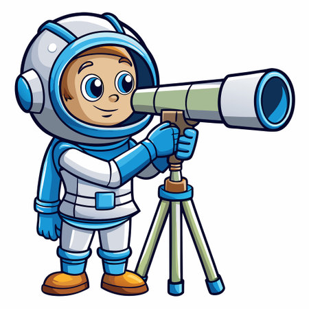Cute Cartoon Astronaut Gazing into the Vastness of Space with Telescopeのイラスト素材
