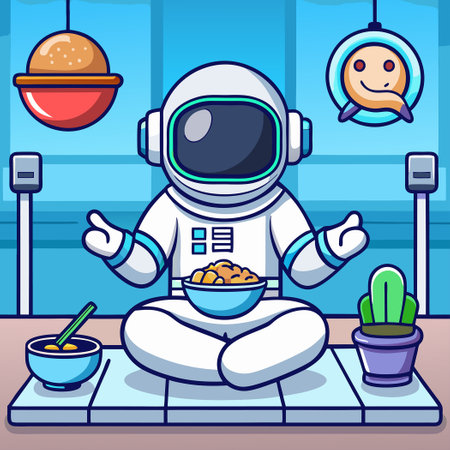 Astronaut sitting in the kitchen and eating cereals. Vector illustration.のイラスト素材