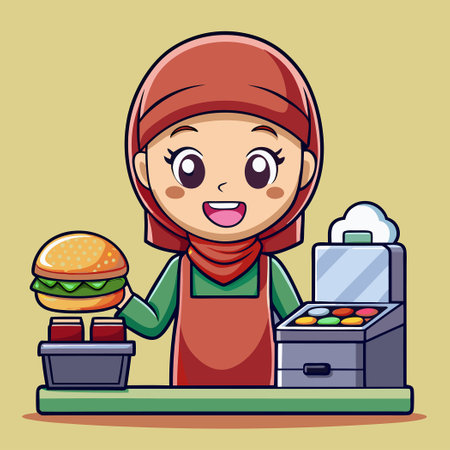 Cute and Friendly Hijab-Wearing Fast Food Cashier Girl Serving a Burger with a Smileのイラスト素材
