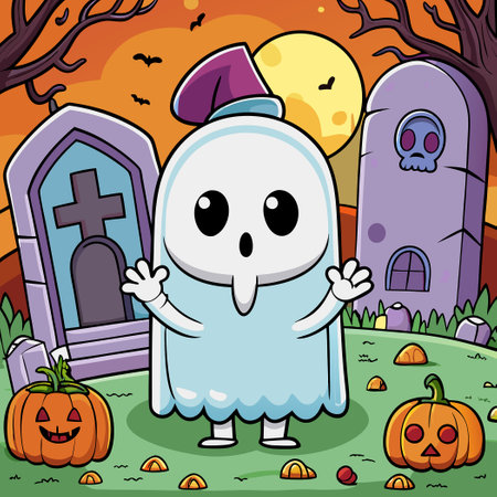 Enchanting Halloween Illustration of a Cute Ghost and Tombstoneのイラスト素材