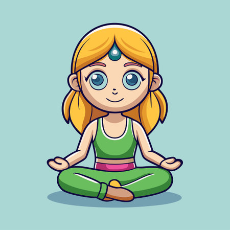 Cute Girl Practicing Meditation Yoga in a Cartoon Vector Illustrationのイラスト素材
