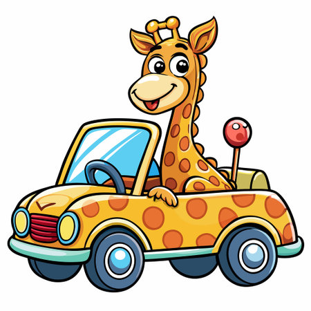 Adorable Giraffe Riding a Colorful Car Icon Illustrationのイラスト素材