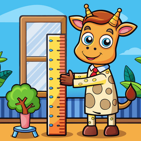 Curious Cartoon Giraffe Measuring Height with a Ruler in a Vehicleのイラスト素材