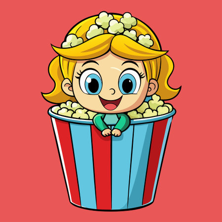 Perky Anime Girl Emerging from Cartoon Popcorn Bucketのイラスト素材