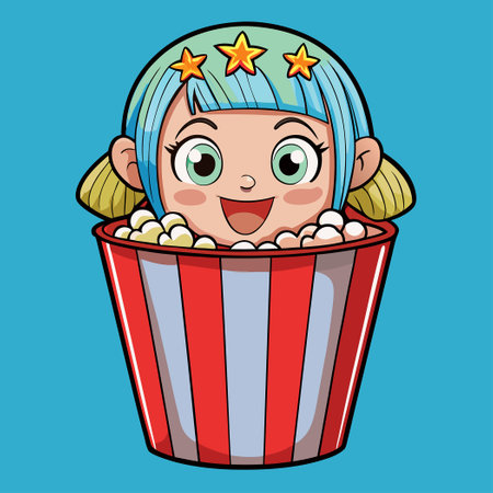 Cartoon Vector Icon of a Cute Girl Dressed as Popcorn Bucketのイラスト素材