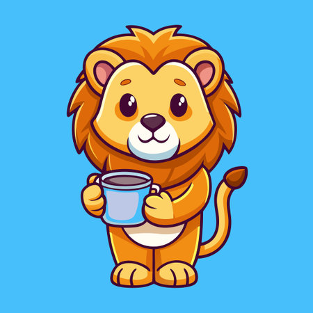 Adorable Cartoon Lion Hugging a Coffee Cup with Heartwarming Expressionのイラスト素材