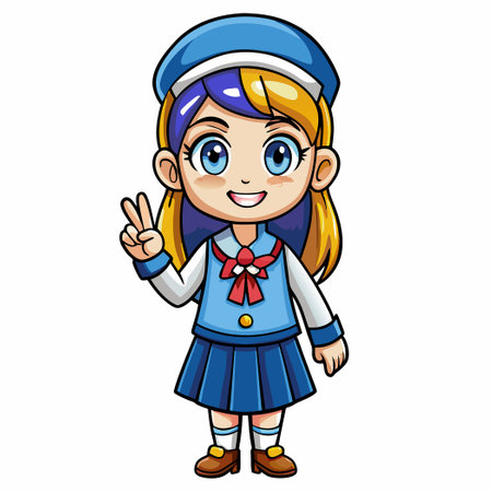 Cute Anime Girl in School Uniform Flashing Peace Signのイラスト素材