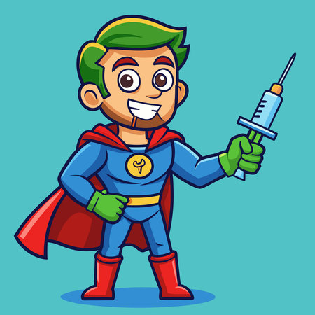 Adorable Superhero in Cartoon Style Holding a Giant Injection for Vaccinationのイラスト素材
