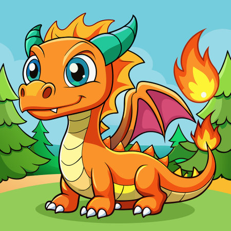 Cartoon Illustration of a Cute Fire-Breathing Dragon with Adorable Expressionsのイラスト素材
