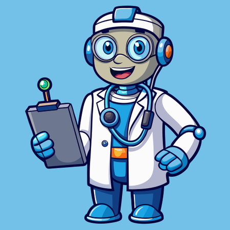 Adorable Robotic Medic with Clipboard and Stethoscope Assisting Patientsのイラスト素材