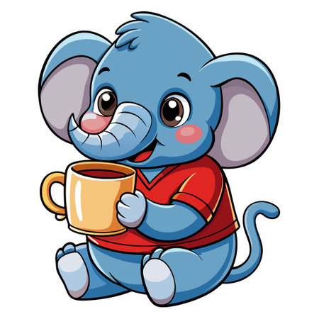 Adorable Elephant Embracing Coffee Cup Cartoon Illustrationのイラスト素材