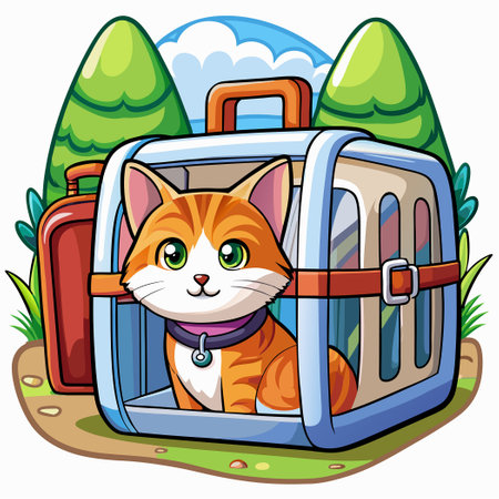 Adorable Feline Companion in a Secure Pet Carrier Travel Accessoryのイラスト素材