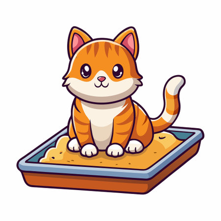 Kawaii Cat Relieving Itself in a Litter Box Cartoon Iconのイラスト素材