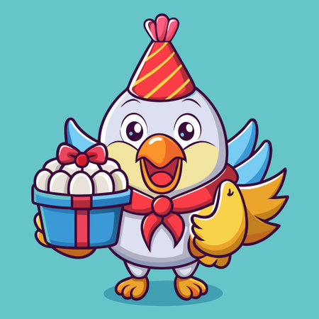 Adorable Chicken Holding a Colorful Birthday Decoration in a Party Carのイラスト素材