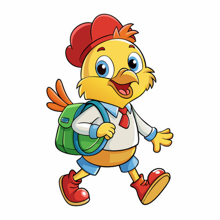 Cute Cartoon Chicken Heading to School with Grinning Expressionのイラスト素材
