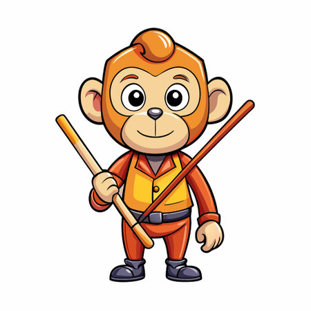 Adorable Monkey Business: Cute Cartoon Monkey Balancing a Stickのイラスト素材