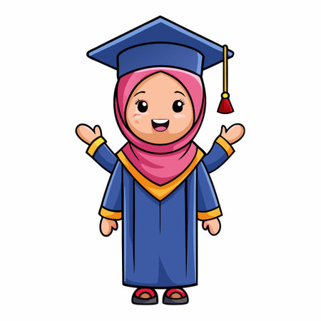 Adorable Cartoon Illustration of a Hijab-Wearing Girl Graduating with Mortarboard and Diplomaのイラスト素材